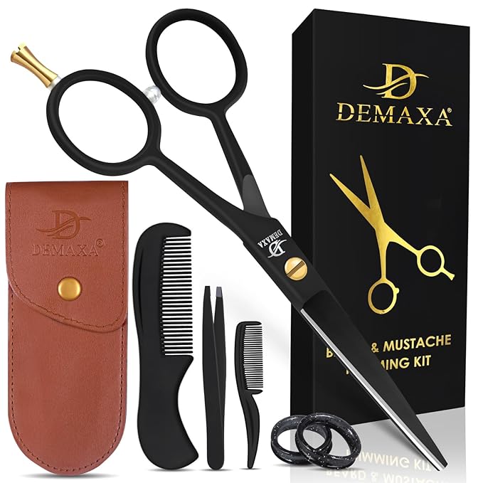 DEMAXA 5" Professional Mustache Scissors Beard Scissors for Men with Fine tip Tweezers 1 Mustache Comb 1 Beard Comb & Pouch – Beard Trimming kit & Mustache Kit (Black Shears With Tweezer)