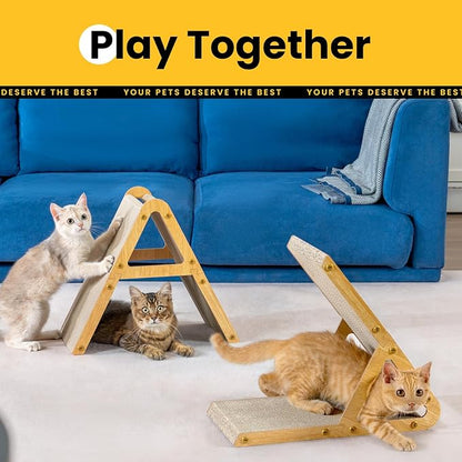 Conlun A-Frame Cat Scratching Board, Recycled Cardboard & Wood Frame, Dual-Sided Vertical Horizontal Cat Scratcher for Indoor Kittens, Ideal for Multiple Cats- 2 Pack, Light Wood, Small