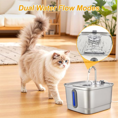 SEIRMEP Stainless Steel Cat Water Fountain, 101oz/3L Automatic Pet Water Fountain, Dog Water Fountain with Replacement Filters for Cats, Small Dogs (4 Filters and 4 Sponges)