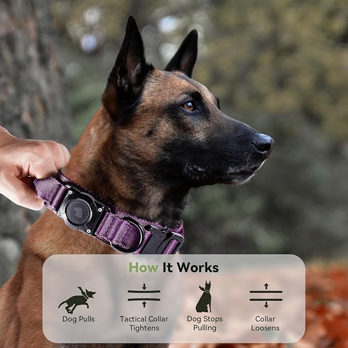 2026 Upgrade Waterproof AirTag Dog Collar, Military Tactical Dog Collar with AirTag Holder, Comfortable Control Handle and Metal Buckle, GPS Dog Collar Holder for Medium to Large Dogs (Purple, XL)