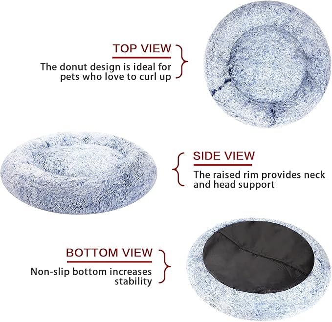 Bedfolks Calming Donut Dog Bed, 30 Inches Round Fluffy Dog Beds for Medium Dogs, Anti-Anxiety Plush Dog Bed, Machine Washable Pet Bed (Navy Blue, Medium)
