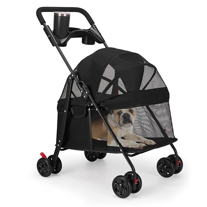 Foldable Pet Stroller for Small/Medium Dogs & Cats up to 22 lbs - Lightweight 4-Wheel Design with Sun Canopy, Storage Basket & Breathable Mesh Windows（Black