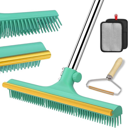 Carpet Rake for Pet Hair Removal, Reusable Pet Hair Remover Broom, 60'' Adjustable Long Handle Dog and Cat Hair Remover Tool Set of 3, Lint Remover Scraper for Carpets, Rugs, Mats, Couch, Car