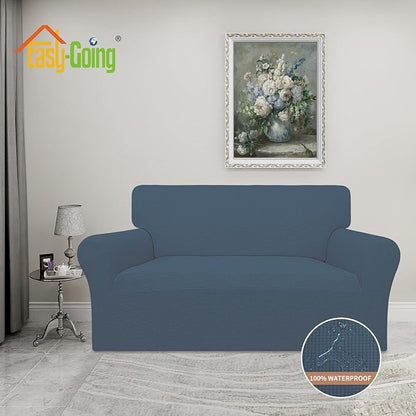 Easy-Going 100% Waterproof Loveseat Couch Cover, Dual Waterproof Sofa Cover, Stretch Jacquard Sofa Slipcover, Leakproof Furniture Protector for Kids, Pets, Dog and Cat (Loveseat, Bluestone)
