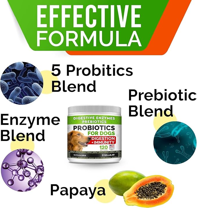 StrellaLab Dog Probiotics Treats for Picky Eaters - Digestive Enzymes + Prebiotics - Chewable Fiber Supplement - Allergy, Diarrhea, Gas, Constipation, Upset Stomach Relief - Improve Digestion&Immunit