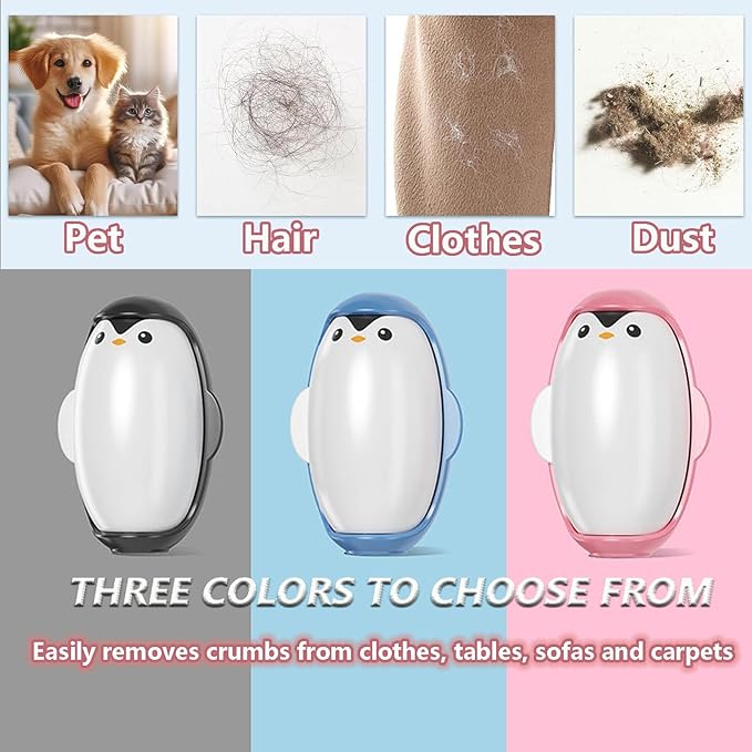 Penguin Shape Portable pet Hair Roller, Reusable Lint Rollers for Pet Hair,Washable Reusable Hair Remover for Cleaning Various dust and Debris(Pink)