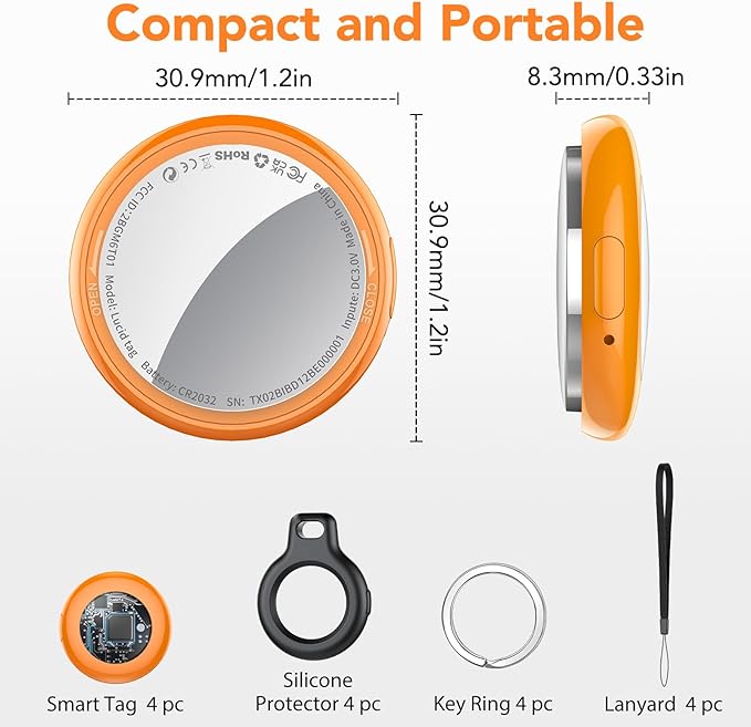 2026 New [Apple MFi Certified] (iOS Only) Tracker Tags-4 Pack, Bluetooth 5.3 GPS Tracker for Apple Find My, Replaceable Battery, 100dB Key Finder and Item Locator for Car, Keys, Luggage, Orange