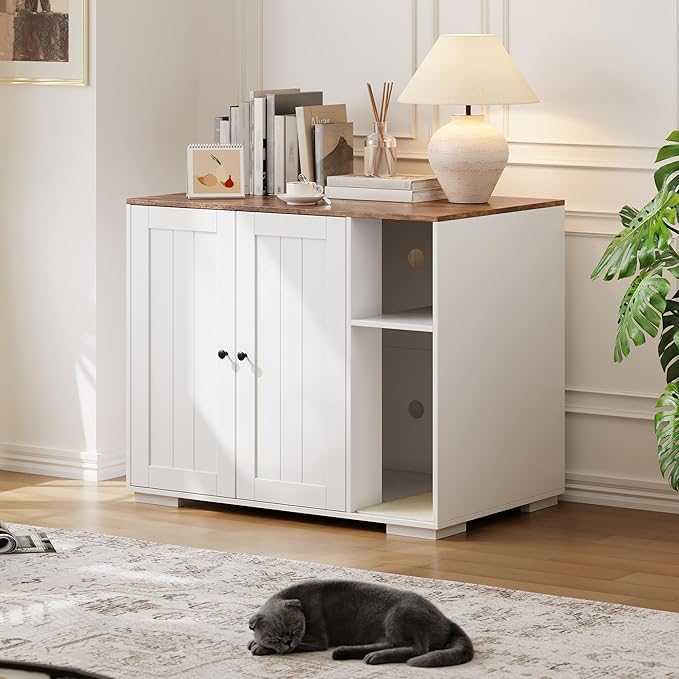 Extra Large Cat Litter Box Enclosure with Scratch Pad, Large Automatic Litter Box Furniture, Dog-Proof Litter Cabinet with Outlet, Space for Cat Stuffs