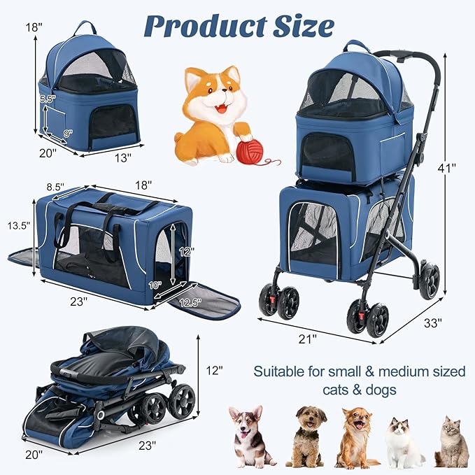 PETSITE Double Dog Stroller, Foldable 3-in-1 4 Wheels Cat Pet Stroller with 2 Detachable Carriers, Safety Belt, Washable Cover, Removable Pads, Ideal for Small Medium Dogs Cats (Blue)