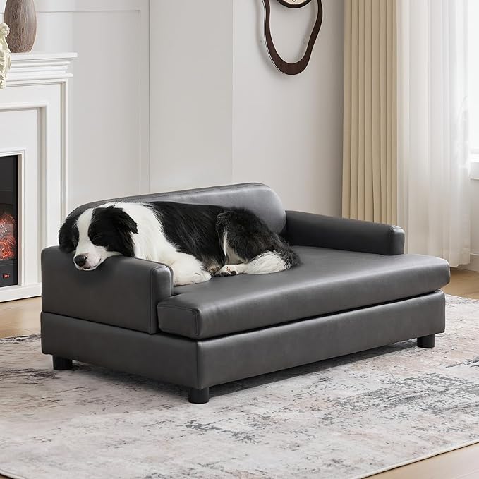 Luxury Dog Sofa Bed Elevated Pet Couch with Durable Waterproof Leather & Orthopedic Sponge - Modern Furniture Style Dog Lounge & Pet Bedside Step for Medium/Large Dogs, Gray