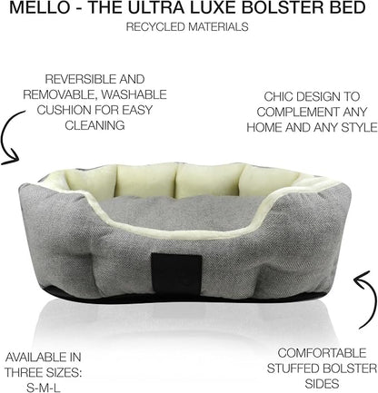 Pet Passion Mello-The Ultra Luxe Bolster Dog Bed with Removable Washable Pillow for All Pet Breeds, Ivory Tweed, Small