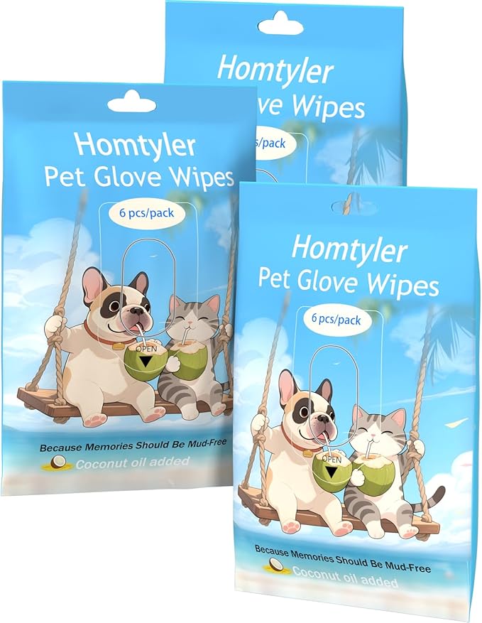 Homtyler Dog Wipes & Cleaning Gloves 2-in-1 for Dogs and Cats, Extra-Thick Pet Wipes with Coconut Oil for Lick-Safe Paws, Eyes, Ears & Body, Rinse-Free Waterless Bath for Deodorizing&Cleansing, 18 PCS