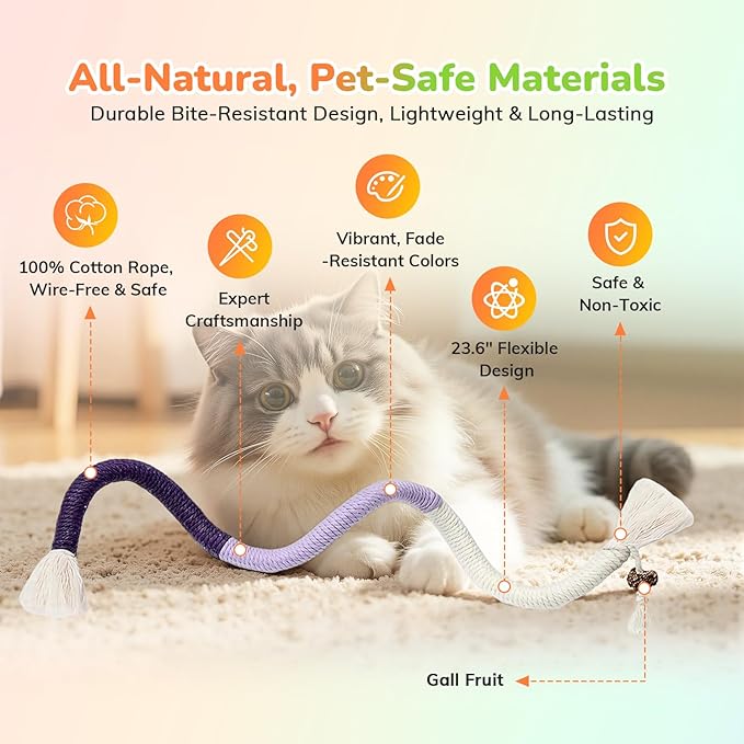 6Pcs Cat Chew Ropes, 23.6inch, Cat Toys for Indoor Cats with Natural Gall Fruit, Interactive Cat Rope Toys for Teeth Cleaning, Boredom Relief, Interactive Kitten Nip Toys and All Breeds