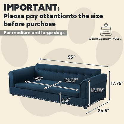 Elevated Dog Sofa for Medium to Large Dogs, Button Tufted Dog Couch Bed with Backrest and Armrests, Durable Memory Foam Pet Bed, Removable Cushion for Medium and Large Dogs, Dark Blue