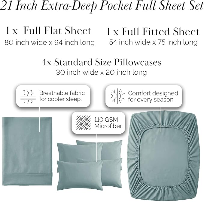 Southshore Fine Living, Inc. 6-Piece Full Size Bed Sheets Set, 21-Inch Extra Deep Pocket Fitted Sheet Full, Flat Sheet, Microfiber Bedding, Steel Blue Pillow Cases Standard Size, Steel Blue Sheets