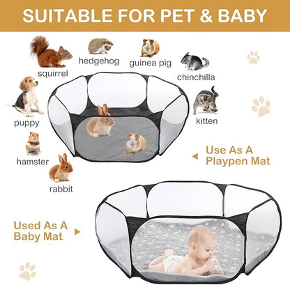 VitalCozy Hamster Playpen with Mat Small Animal Cage Tent Breathable Transparent Guinea Pig Playpen Waterproof Portable Yard Fence Mat Foldable Exercise Playpen Outdoor Indoor (Black,Star)