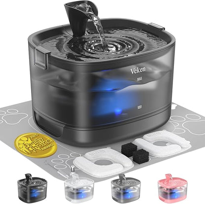 Veken Cat Water Fountain with Detachable Tank & Secure Clips, Easy to Clean & Assemble, 85oz/2.5L Pet Drinking Dispenser with Quiet Operation & LED Light, Gifts, Cats, Dogs and Small Pets, Black
