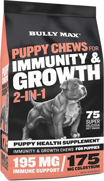 Bully Max 2-in-1 Puppy Treats Soft Chews for Immunity & Growth - Dog Vitamins & Supplements - Essential Multivitamin Food Topper for Health & Immune Support - Small, Medium & Large Breed Puppies