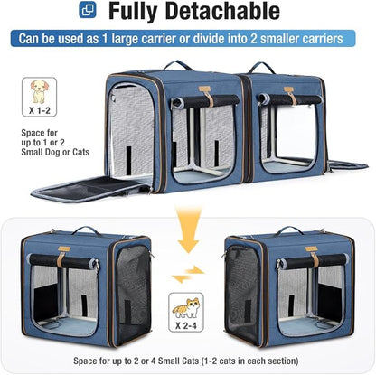 Lekereise Large Cat Carrier for 2 Cats, 2-in-1 Cat Travel Carrier with Litter Box, (17.7" x2) x16.5"x13" Pet Carrier with Zipper Locks for Moving Across The Country (No Hammock) - Blue