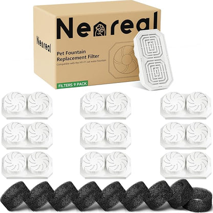 Neareal Official 9-Pack Replacement Filters and Pre-Filter Sponges for 108 oz / 3.2 L Stainless Steel Cat Water Fountain