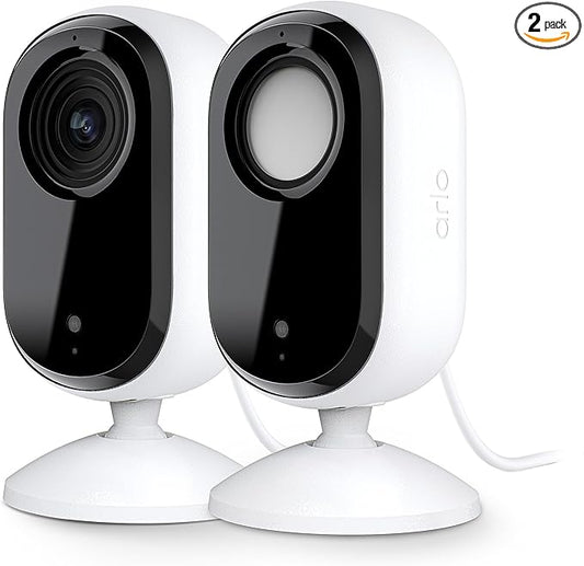 Arlo Essential Indoor Security Camera 2K (2nd Gen, 2023 Release) - Wired Plug-in Power, Person Recognition, Animal Detection, 1-Month Trial of Secure Plan, Automated Privacy Shield, 2 Cam, White