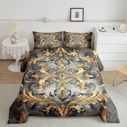 Erosebridal Golden Damask(Just Print) Twin Comforter Set, Floral Boho Vintage Paisley Microfiber Bedding Set for Kids Teens Adults, Hippie Aztec Exotic Duvet Insert Garden Bohemian Gothic Bed Sets
