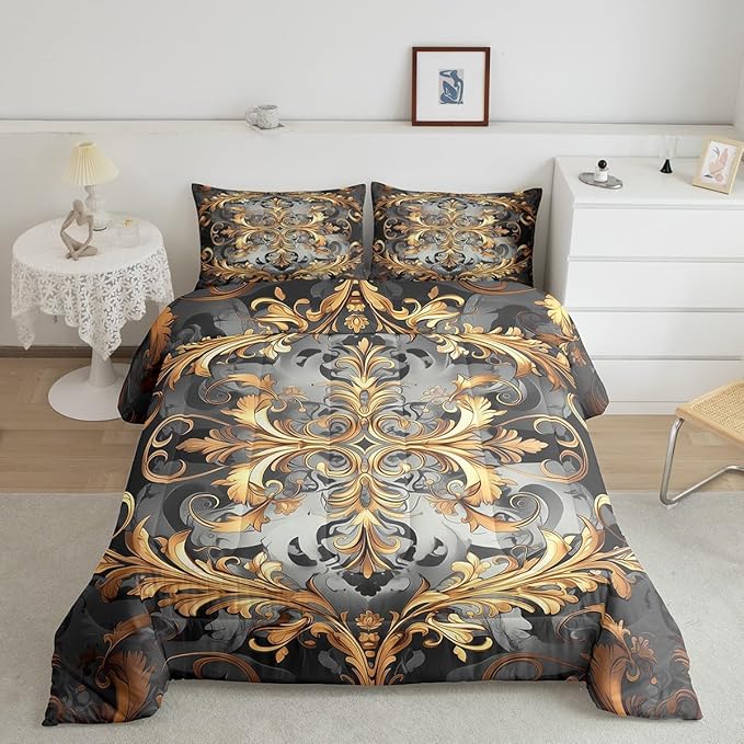 Erosebridal Golden Damask(Just Print) Toddler Comforter Set, Floral Boho Vintage Paisley Microfiber Bedding Set for Kids Teens Adults, Hippie Aztec Exotic Duvet Insert Garden Bohemian Gothic Bed Sets