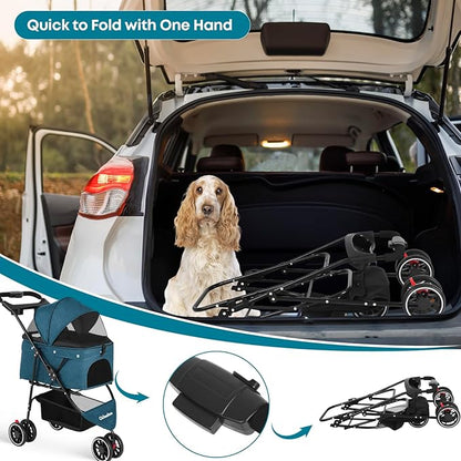 Pet Stroller,Dog Stroller for Small Medium Dogs Cats,3 Wheels,Foldable,with Breathable Mesh Canopy,Cup Holders,Easy Assembly,Green