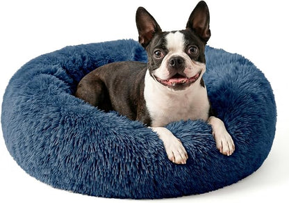 Calming Dog Bed for Medium Dogs Washable Donut 30 inches Anti-Slip Pet Bed,Round Fluffy Plush Faux Fur Cat Bed,Fits up to 45 lbs Pets,Navy Blue