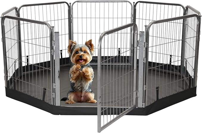 Dog Playpen w/Octagon Bottom Floor Cover - 24 inch, 8 Panel Portable Grey Metal Pet Play Pen for Small Dogs & Puppies - Indoor/Outdoor Kennel Cage for Home, Yard, RV, or Camping