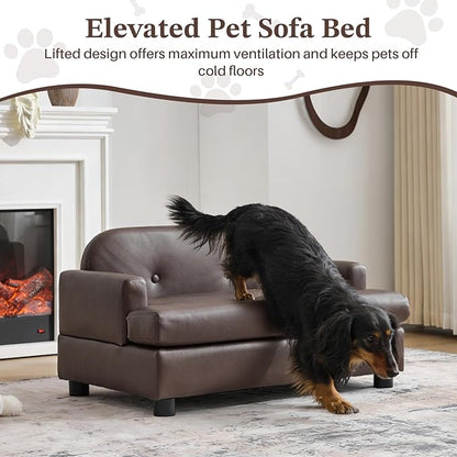 Luxury Dog Sofa Bed Elevated Pet Couch with Durable Waterproof Leather & Orthopedic Sponge - Modern Furniture Style Dog Lounge & Pet Bedside Step for Small/Medium Dogs/Cats, Brown