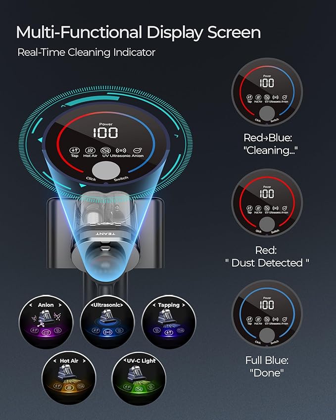 Teant Powerful Mattress Bed Vacuum Cleaner, 2-Speed (14kPa/18kPa) Mattress Vacuum with Green Light Dust Detection, 253.7nm UV-C Light, LED Display, HEPA Filter, 149℉ Heat, Aroma for Bed Couch Carpet
