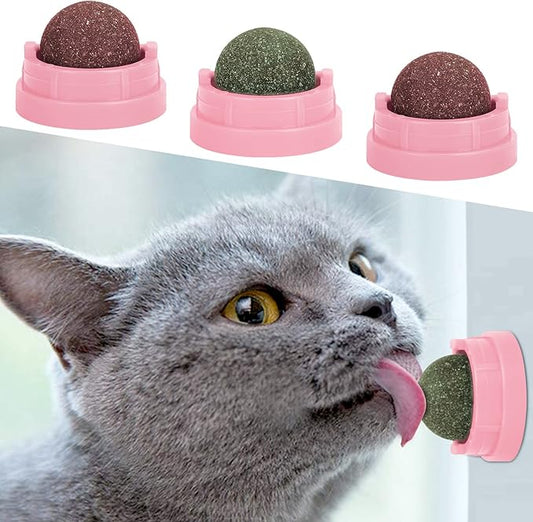 3 Pack Catnip Balls, Catnip Ball for Cats Wall, Edible Kitty Toys for Cats Lick, Safe Healthy Kitten Chew Toys, Teeth Cleaning Dental Cat Toys, Cat Wall Treats (1, Pink)
