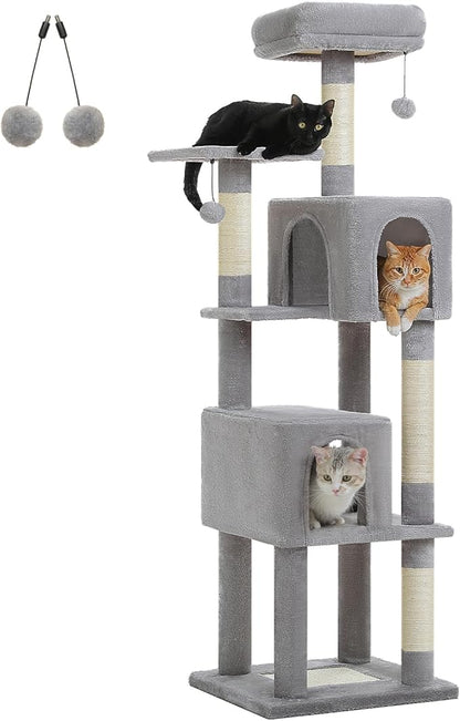 MUTTROS 62-Inch Cat Tree for Indoor Cats, Large Cat Tower with Scratching Posts for Large Cats, 2 Bigger Plush Condos, Padded Platform, Soft Cat Bed and Scratching Pad, 2 Pompoms, Gray