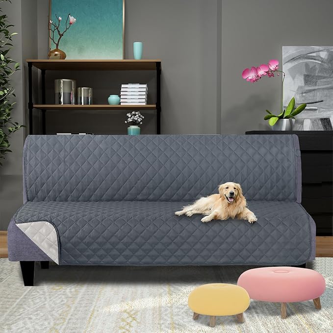 U-NICE HOME Futon Sofa Covers Reversible Sofa Slipcover Armless Cover Furniture Protector Couch Cover Water Resistant (Futon, Dark Blue/Light Grey)