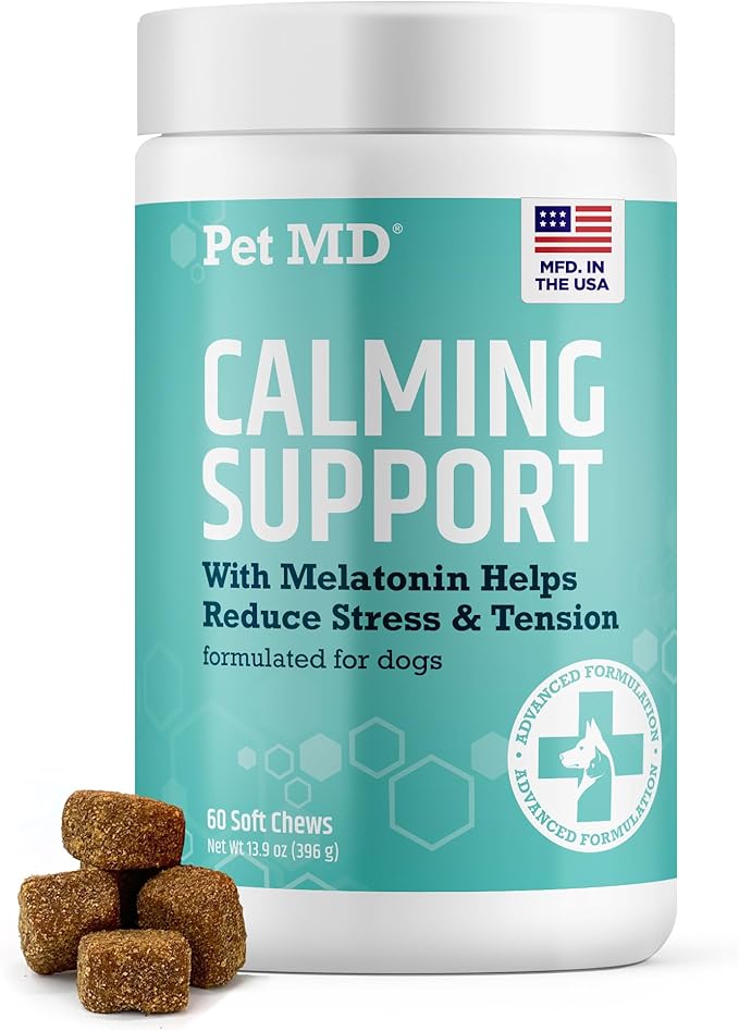 Pet MD Calming Chews for Dogs – Supports Relaxation & Calm Behavior – with Melatonin, Ginger & Chamomile – for Stressful Situations Like Travel, Thunder & Vet Visits – 60 Ct