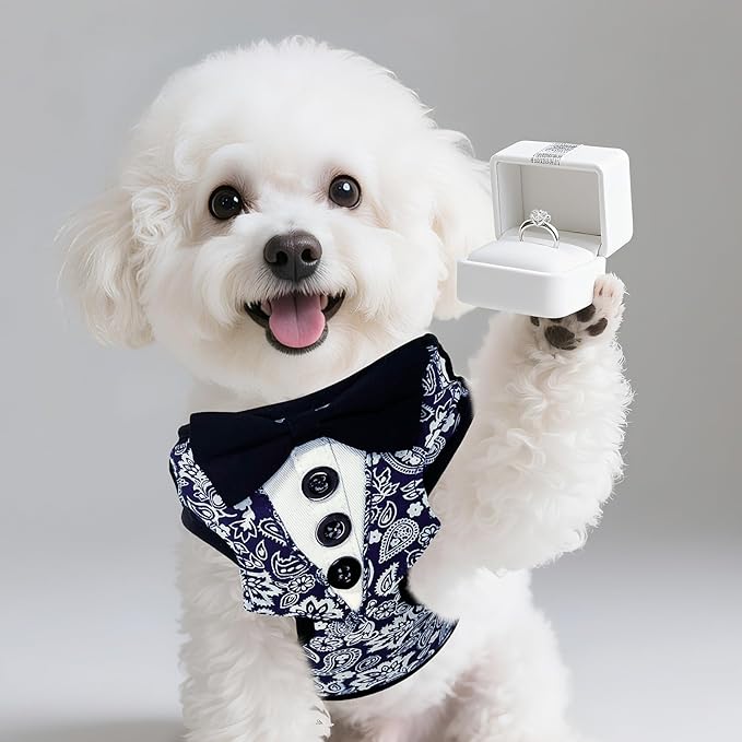 EXPAWLORER Dog Tuxedo Harness, Adjustable No Pull Pet Vest Harness with Leash Wedding Suit Attire with Bow Tie, Soft Padded Step-in Party Outfit Costume for Puppy Small Medium Dogs, Blue S