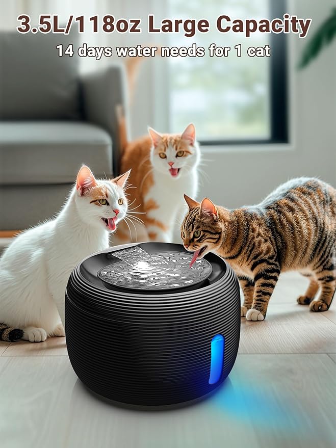Kastty 3.5L/118 oz Cat Water Fountain, Large Capacity Quiet Pet Water Fountains for Cats Indoor Water Level LED Light Multi-Filtration BPA-Free, Automatic Cat Fountain Easy Cleaning FS77(Black)