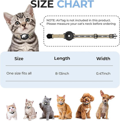 Breakaway AirTag Cat Collar, Reflective Cat Tracker Collar with Air Tag Holder and Bell, Safety Elastic Band Cat GPS Collars for Girl Boy Cats, Kittens and Puppies (Khaki, 8-13'')