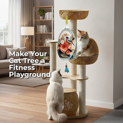 Interactive Cat Toys for Indoor Cats, Automatic Concealed Hide and Seek Hanging Feather Cat Toy, Rechargeable Motion-Activated Enrichment Toys for Bored Adult Cats (Bird & Flowers Pattern）