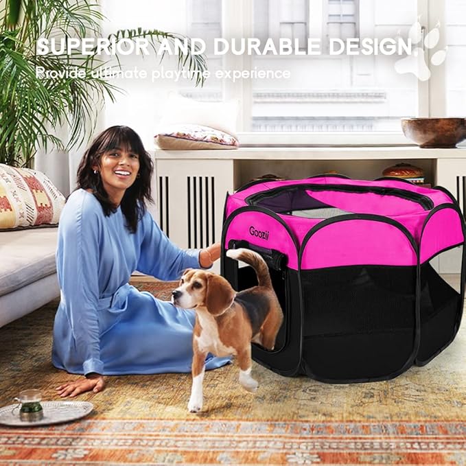 GOOZII Pet Cat Playpen for Indoor Cats Enclosed, Portable Foldable Dog Playpen Outdoor Tent Crate Cage with Zipper Top Cover Door for Kitten Puppy Outside Rv Car Camper (Small Size, Pink)