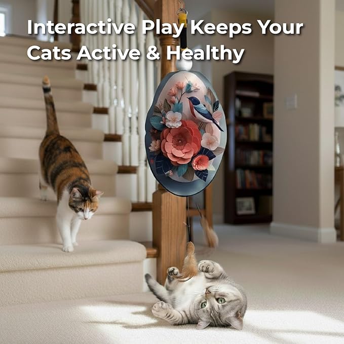 Interactive Cat Toys for Indoor Cats, Automatic Concealed Hide and Seek Hanging Feather Cat Toy, Rechargeable Motion-Activated Enrichment Toys for Bored Adult Cats (Bird & Flowers Pattern）