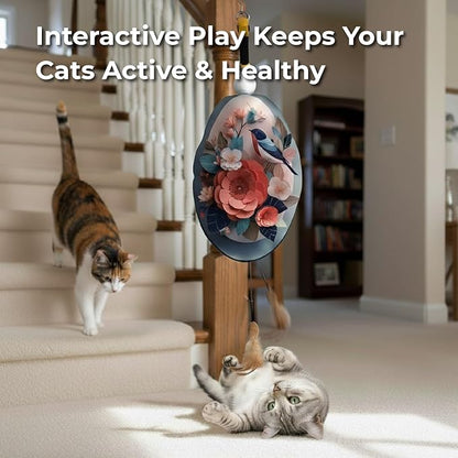 Interactive Cat Toys for Indoor Cats, Automatic Concealed Hide and Seek Hanging Feather Cat Toy, Rechargeable Motion-Activated Enrichment Toys for Bored Adult Cats (Bird & Flowers Pattern）