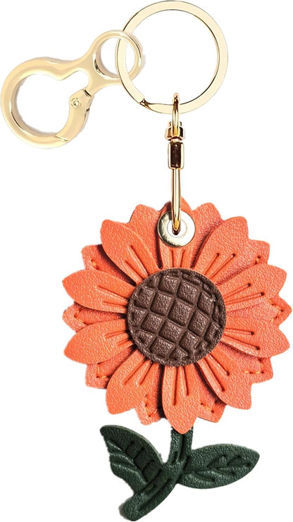 Leather Keychain Holder Case Compatible with AirTag,Cute Protective Cover with Keyring,Anti-Scratch Finder GPS Tracker Case for Wallet Keys,bag,pets,Backpack(Daisy Orange)