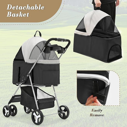 Athena Collection 4 Wheels Pet Stroller for Medium Dogs 33 Lbs - Puppy Cat Carrier With Detachable Carrier, Cup Holder Tray, Bottom Storage - Black
