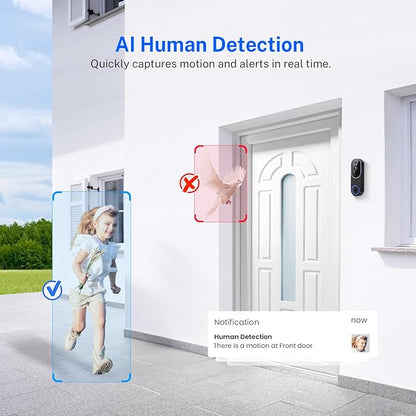 1080P Video Doorbell Camera Wireless, Smart AI Human Detection, 2-Way Audio, Battery Powered, 2.4GHz WiFi, IR Night Vision, Indoor Outdoor, Motion Alert