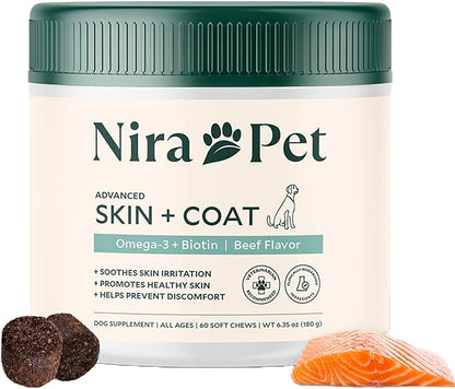 Nira Pet Skin and Coat Supplement for Dogs – Beef Flavor – 60 Soft Chews with Omega 3, EPA, DHA, and Biotin