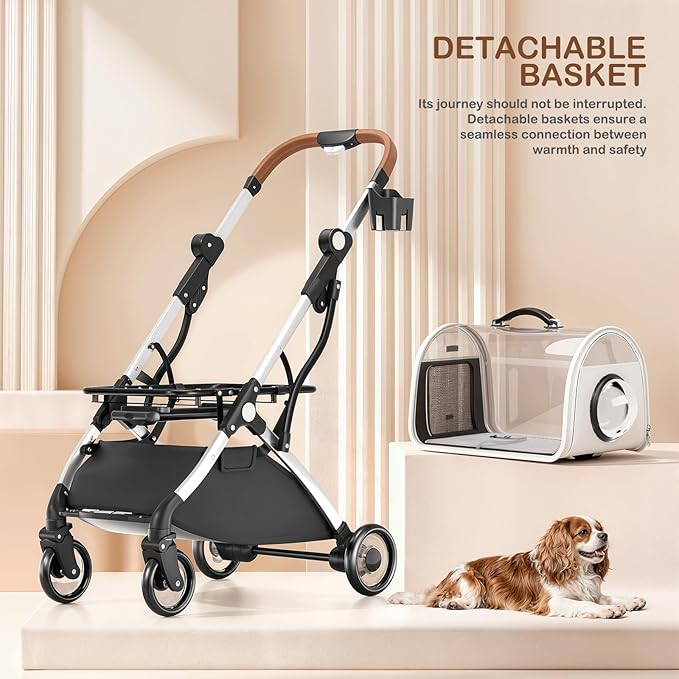 MoNiBloom Pet Stroller with Detachable Carriers, Clear Hard Trolley Case for Small Medium Dogs Cats, Breathable Mesh Windows, One Hand Fold & All-Terrain Wheels