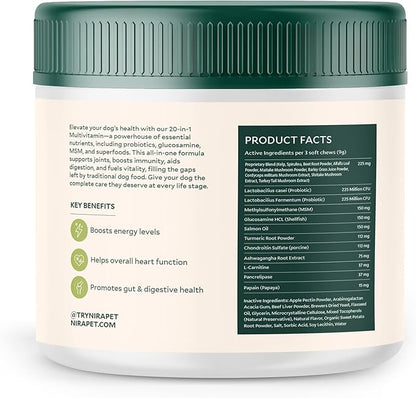 Nira Pet 20-in-1 Multivitamin for Dogs – Beef Flavor – 60 Soft Chews with Glucosamine, Probiotics, MSM, Turmeric & Salmon Oil – Joint, Skin, Coat & Digestive Support