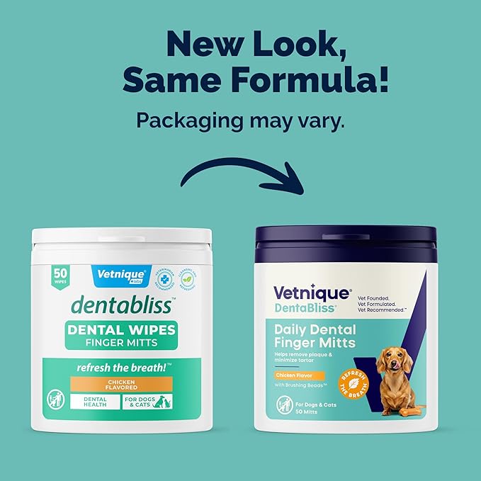 Vetnique Dentabliss - Dog Teeth Cleaning Finger Mitt Dental Wipe - Dog Plaque & Tartar Prevention with Brushing Beads - Flavored Dog Teeth Wipes, Dog Breath Freshener (Chicken)